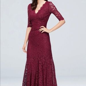 V-Neck Ruched Lace Mermaid Gown with 3/4 Sleeves
